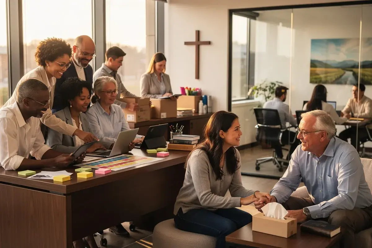 An executive church administration board reviewing multi-region operational files, member onboarding logs, and synchronized global ministry registration pat